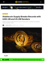 Stablecoin Supply Breaks Records with $283.2B and 25.2M Senders - CoinCentral
