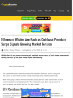 Ethereum Whales Are Back as Coinbase Premium Surge Signals Growing Market Tension