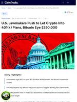 U.S. Lawmakers Push to Let Crypto Into 401(k) Plans, Bitcoin Eye $250,000