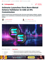 Solmate Launches First Bare-Metal Solana Validator in UAE at 0% Commission - Coinspeaker