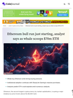 Ethereum bull run just starting, analyst says as whale scoops $70m ETH - CoinJournal