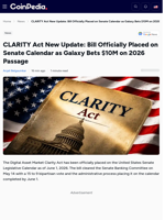 CLARITY Act New Update: Bill Officially Placed on Senate Calendar as Galaxy Bets $10M on 2026 Passage