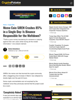 Meme Coin SIREN Crashes 85% in a Single Day: Is Binance Responsible for the Meltdown?