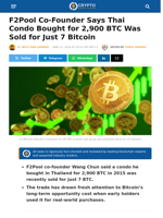 F2Pool Co-Founder Says Thai Condo Bought for 2,900 BTC Was Sold for Just 7 Bitcoin – Crypto News Flash