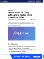 Gemini makes IPO filing public, plans Nasdaq listing under ticker GEMI