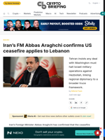 Iran's FM Abbas Araghchi confirms US ceasefire applies to Lebanon