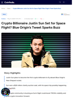 Crypto Billionaire Justin Sun Set for Space Flight? Blue Origin's Tweet Sparks Buzz
