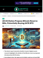 20 US States Propose Bitcoin Reserve Bills, Potentially Buying 247K BTC