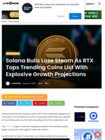 Solana Bulls Lose Steam As RTX Tops Trending Coins List With Explosive Growth Projections | Live Bitcoin News