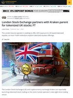 London Stock Exchange Partners with Kraken Parent for Tokenized UK Stocks