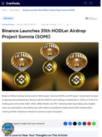 Binance Launches 35th HODLer Airdrop Project Somnia (SOMI)