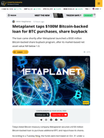 Metaplanet Taps $100M Bitcoin Loan for Buyback, BTC Buys