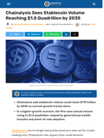 Chainalysis Sees Stablecoin Volume Reaching $1.5 Quadrillion by 2035