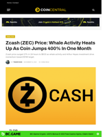 Zcash (ZEC) Price: Whale Activity Heats Up As Coin Jumps 400% In One Month - CoinCentral