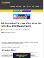 BNB Smashes Past $1K to New ATH as Bitcoin Slips Further From $116K (Weekend Watch)