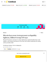 Bitcoin (BTC) to face near-term pressure as liquidity tightens, according to Hilbert Group CIO