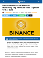 Binance Adds Seven Tokens to Monitoring Tag, Removes Seed Tag From Tether Gold