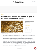 Netherlands moves 86 tonnes of gold to UK amid geopolitical unrest