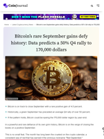 Bitcoin’s rare September gains defy history: Data predicts a 50% Q4 rally to 170,000 dollars - CoinJournal