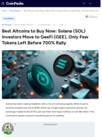 Best Altcoins to Buy Now: Solana (SOL) Investors Move to GeeFi (GEE), Only Few Tokens Left Before 700% Rally