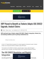 XRP Poised to Benefit as Fedwire Adopts ISO 20022 Upgrade, Analyst Claims