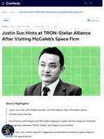 Justin Sun Hints at TRON-Stellar Alliance After Visiting McCaleb’s Space Firm