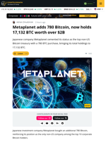 Metaplanet buys 780 BTC, now holds 17,130 BTC