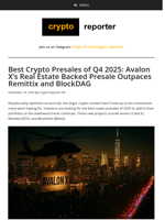 Best Crypto Presales of Q4 2025: Avalon X’s Real Estate Backed Presale Outpaces Remittix and BlockDAG