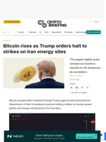 Bitcoin rises, Ether, XRP advance as Trump orders halt to strikes on Iran