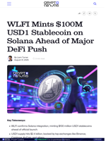 WLFI Mints $100M USD1 Stablecoin on Solana Ahead of Major DeFi Push