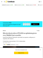 Bitcoin price news: BTC reverses early loss, rises above $72,000 on Middle East hopes