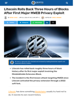 Litecoin Rolls Back Three Hours of Blocks After First Major MWEB Privacy Exploit - Crypto News Flash