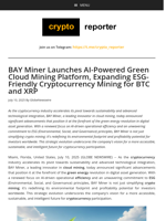 BAY Miner Launches AI-Powered Green Cloud Mining Platform, Expanding ESG-Friendly Cryptocurrency Mining for BTC and XRP