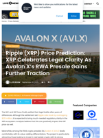 Ripple (XRP) Price Prediction: XRP Celebrates Legal Clarity As Avalon X’s RWA Presale Gains Further Traction | Live Bitcoin News