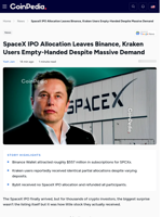 SpaceX IPO Allocation Leaves Binance, Kraken Users Empty-Handed Despite Massive Demand