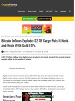 Bitcoin Inflows Explode: $2.7B Surge Puts It Neck-and-Neck With Gold ETPs