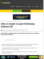 Tether Co-Founder to Launch Yeild Bearing Stablecoin USP