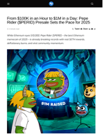 From $100K in an Hour to $1M in a Day: Pepe Rider ($PERID) Presale Sets the Pace for 2025 - Visionary Financial