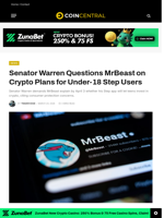 Senator Warren Questions MrBeast on Crypto Plans for Under-18 Step Users - CoinCentral
