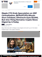 Ripple CTO Ends Speculation on XRP Centralization, $878,917,974 Bitcoin Stun Coinbase, Ethereum Eyes $3,000, But One Thing Remains: Crypto News Digest by U.Today