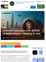 Solmate Launches with $300M to Build Solana Treasury in UAE | Live Bitcoin News