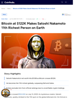 Bitcoin at $122K Makes Satoshi Nakamoto 11th Richest Person on Earth