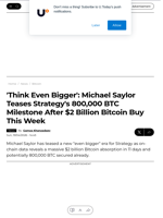 'Think Even Bigger': Michael Saylor Teases Strategy's 800,000 BTC Milestone After $2 Billion Bitcoin Buy This Week - U.Today