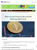 Ether recovers from its dip to $2,600 following Bybit’s hack