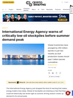 International Energy Agency warns of critically low oil stockpiles before summer demand peak