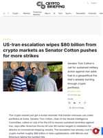 US-Iran escalation wipes $80 billion from crypto markets as Senator Cotton pushes for more strikes