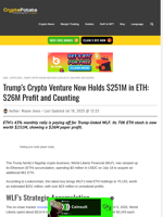Trump's Crypto Venture Now Holds $251M in ETH: $26M Profit and Counting