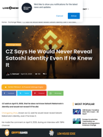 CZ Says He Would Never Reveal Satoshi Identity