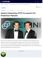 Gemini Cleared by CFTC to Operate U.S. Prediction Markets