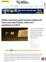 Tether launches gold-backed stablecoin Visa card with Fasset, offers 6% cashback in XAUT